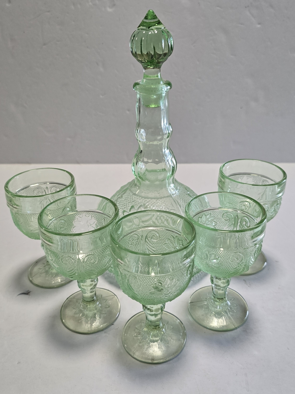 Vintage Indiana Glass - Tiara Wine Decanter Set - Chantily Green Sandwich Glass